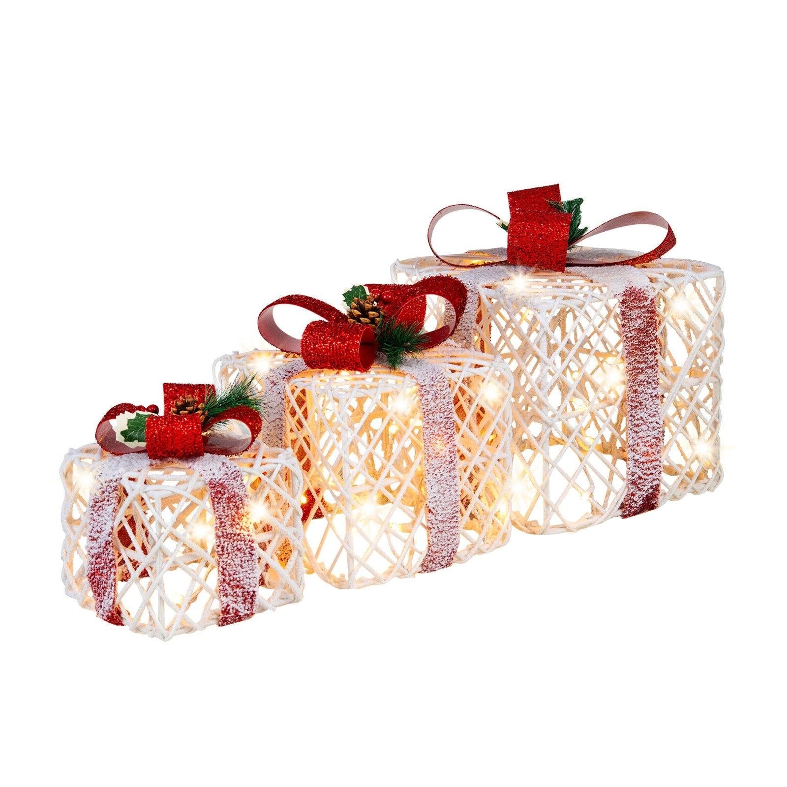 Set of 3 Christmas Lighted Gift Boxes Decorations with Red Bowknots, Red & White - Gallery Canada