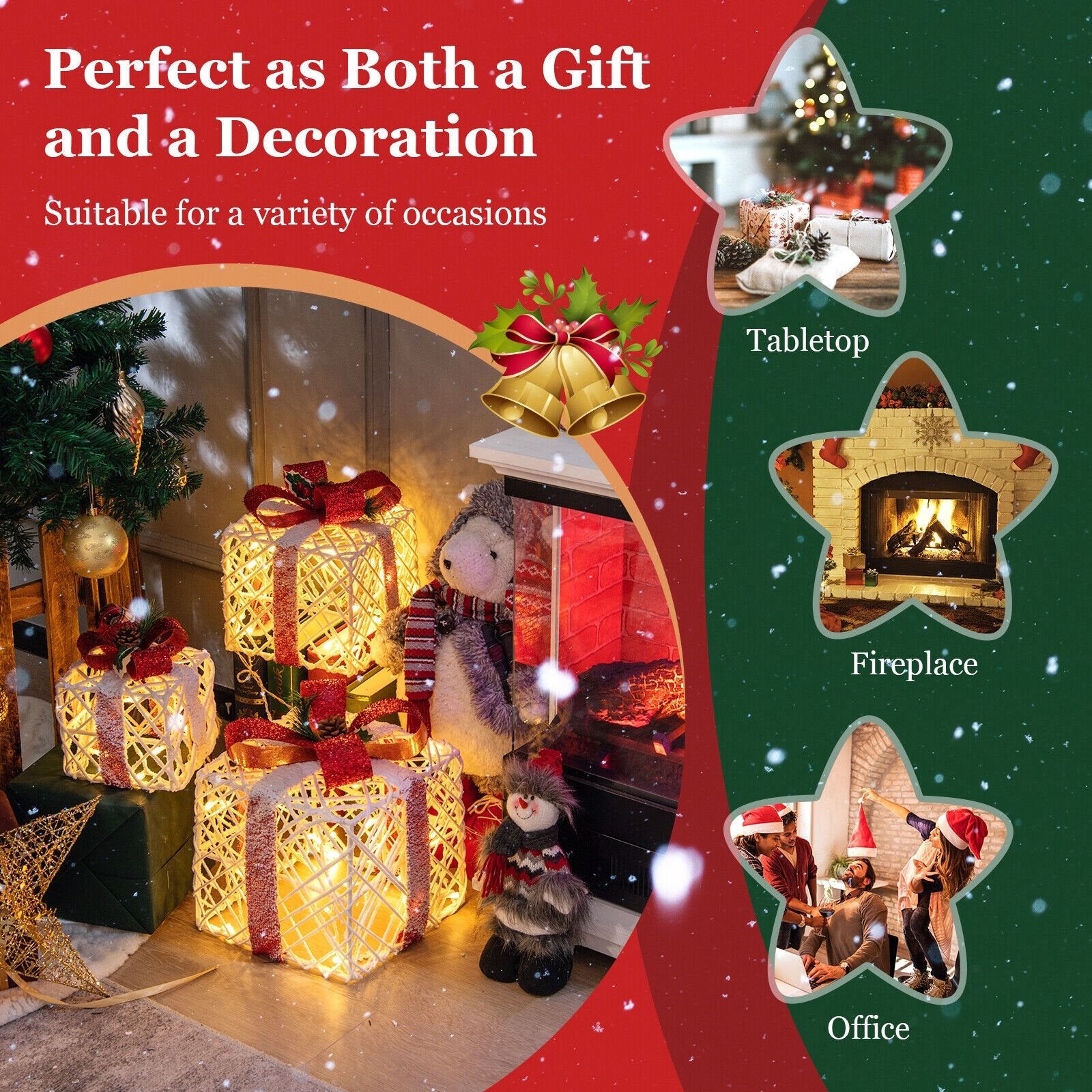 Set of 3 Christmas Lighted Gift Boxes Decorations with Red Bowknots, Red & White - Gallery Canada