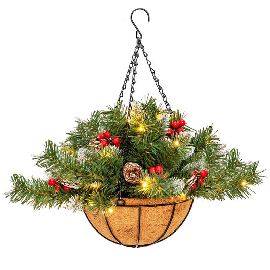 Pre-Lit Artificial Christmas Hanging Basket with Pine Cones, Green - Gallery Canada