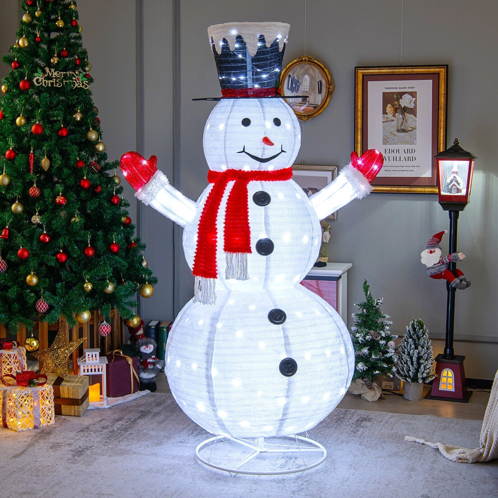 6 Feet Lighted Snowman with Top Hat and Red Scarf, White - Gallery Canada