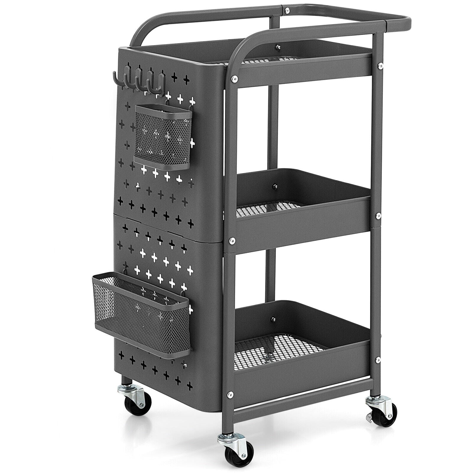 3-Tier Utility Storage Cart with DIY Pegboard Baskets, Gray Kitchen Islands & Carts at Gallery Canada
