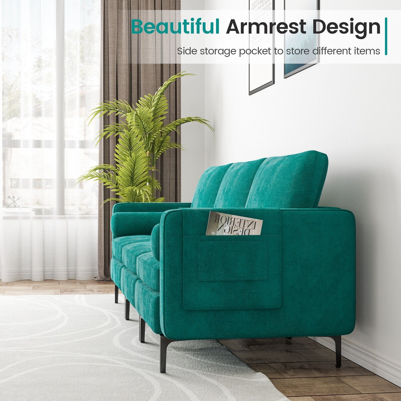 3-Seat Sofa Sectional with Side Storage Pocket and Metal Leg-3-Seat, Teal Sofas & Loveseats   at Gallery Canada