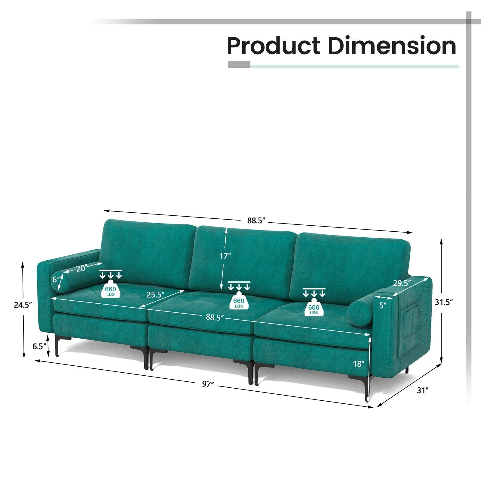 3-Seat Sofa Sectional with Side Storage Pocket and Metal Leg-3-Seat, Teal Sofas & Loveseats   at Gallery Canada