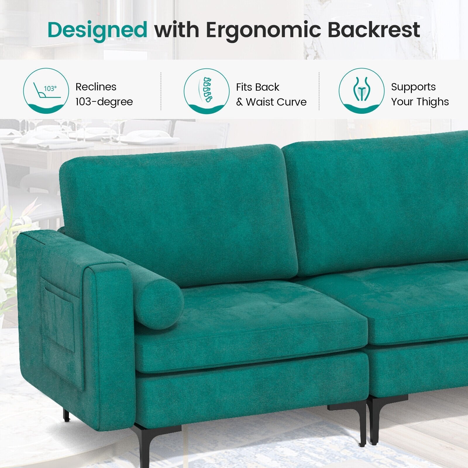 3-Seat Sofa Sectional with Side Storage Pocket and Metal Leg-3-Seat, Teal Sofas & Loveseats   at Gallery Canada