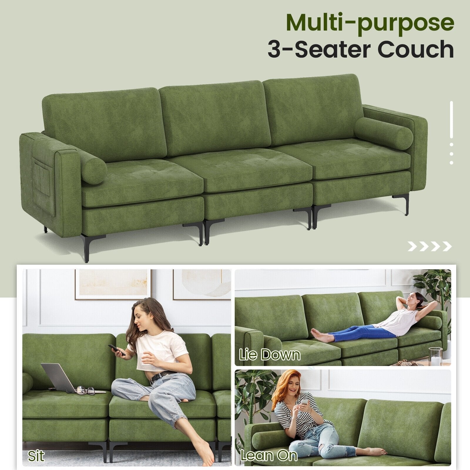 3-Seat Sofa Sectional with Side Storage Pocket and Metal Leg, Dark Green Sofas & Loveseats   at Gallery Canada