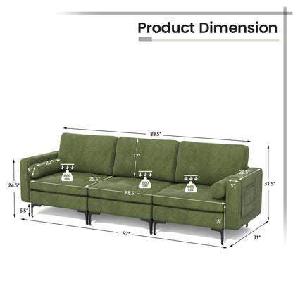 3-Seat Sofa Sectional with Side Storage Pocket and Metal Leg, Dark Green Sofas & Loveseats   at Gallery Canada