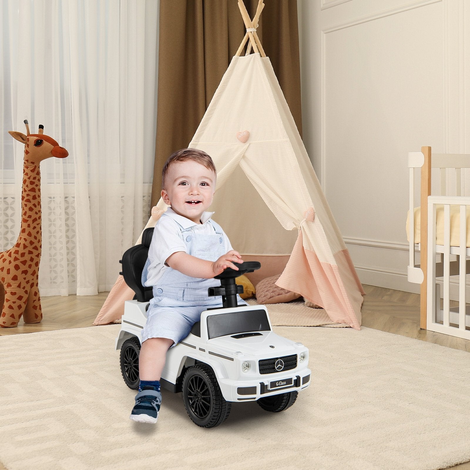 3-In-1 Ride on Push Car Mercedes Benz G350 Stroller Sliding Car with Canopy, White Push & Pedal Ride On Toys   at Gallery Canada