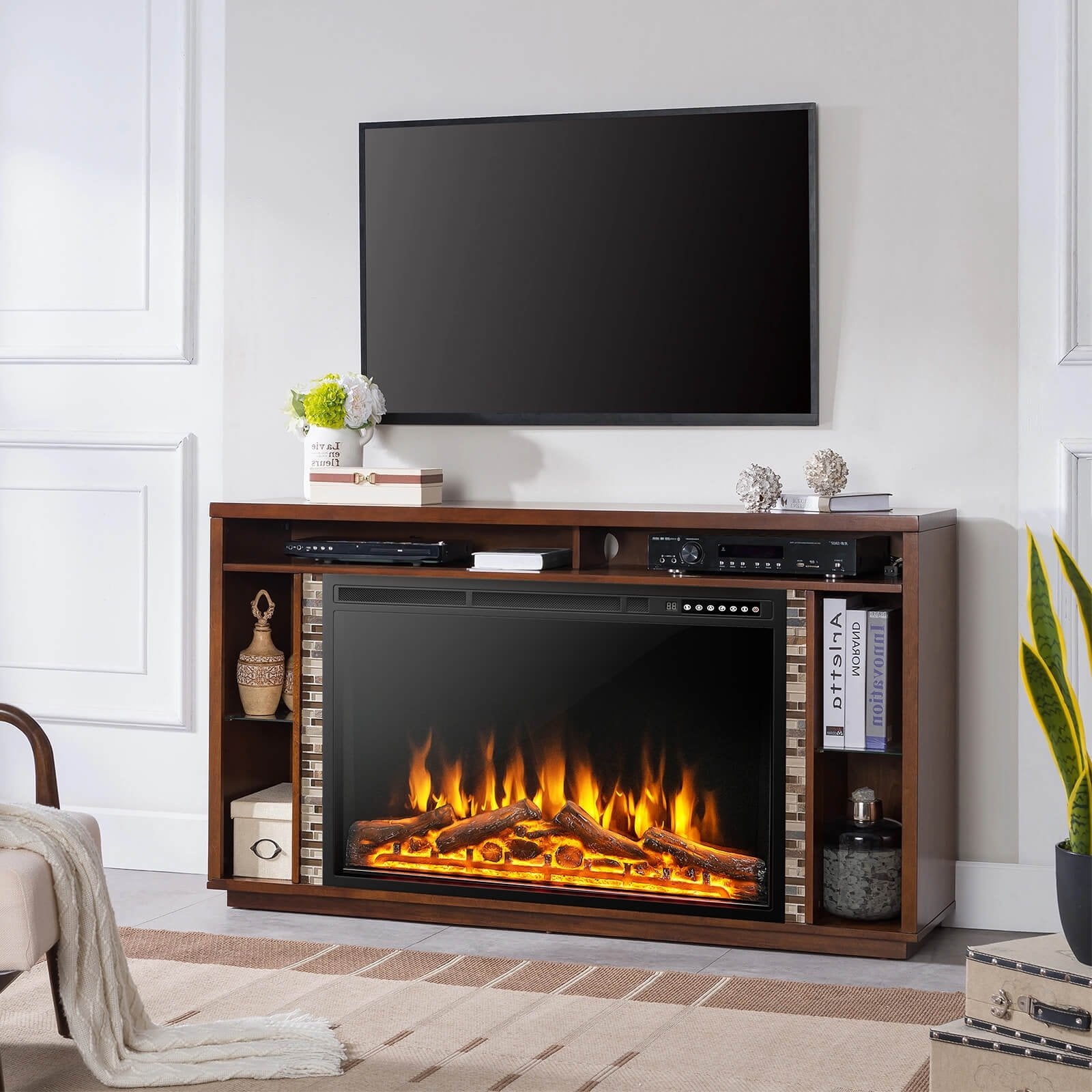 34/37 Inch Electric Fireplace Recessed with Adjustable Flames, Black Fireplaces   at Gallery Canada