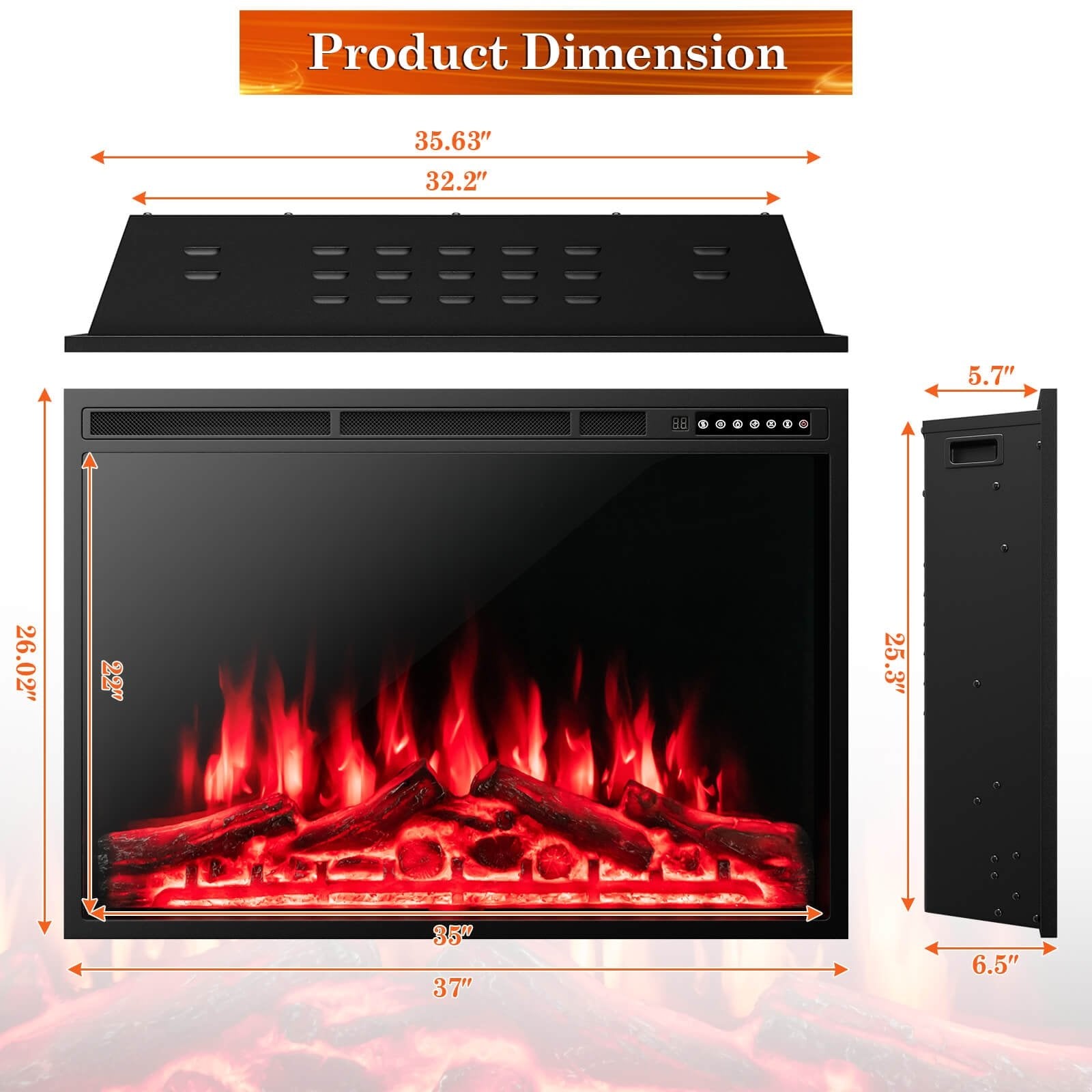 34/37 Inch Electric Fireplace Recessed with Adjustable Flames, Black - Gallery Canada