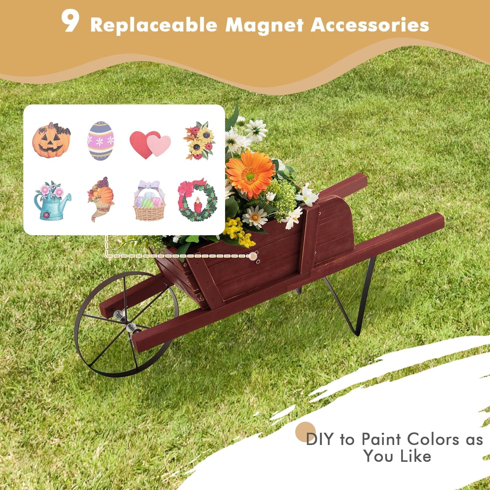 Wooden Wagon Planter with 9 Magnetic Accessories for Garden Yard, Red Plant Stands   at Gallery Canada