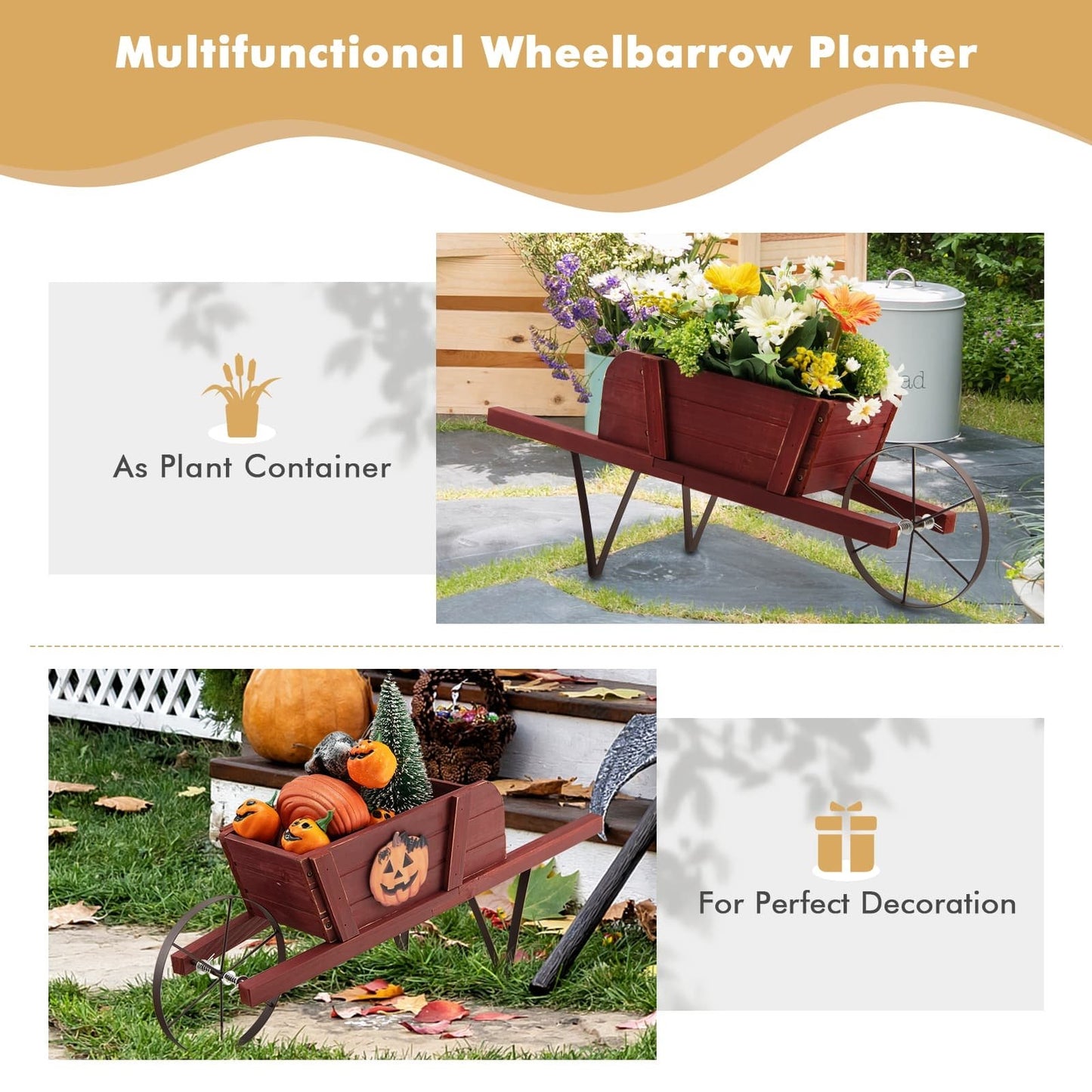 Wooden Wagon Planter with 9 Magnetic Accessories for Garden Yard, Red Plant Stands   at Gallery Canada