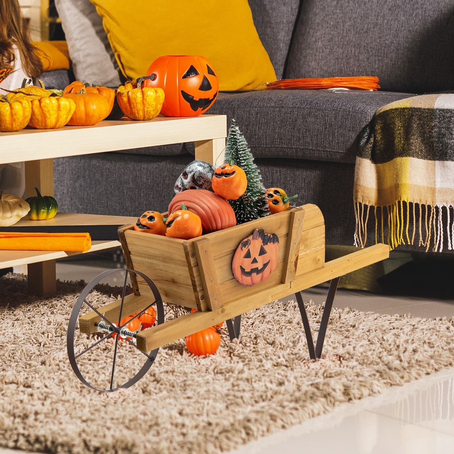 Wooden Wagon Planter with 9 Magnetic Accessories for Garden Yard, Walnut Plant Stands   at Gallery Canada