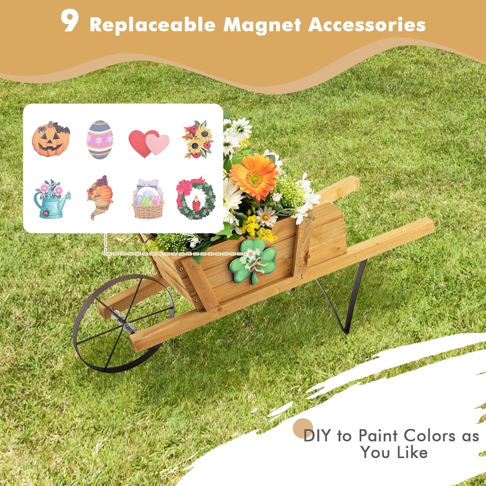 Wooden Wagon Planter with 9 Magnetic Accessories for Garden Yard, Walnut Plant Stands   at Gallery Canada