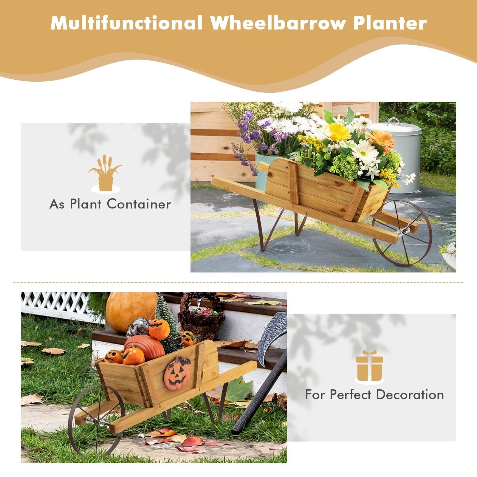 Wooden Wagon Planter with 9 Magnetic Accessories for Garden Yard, Walnut Plant Stands   at Gallery Canada