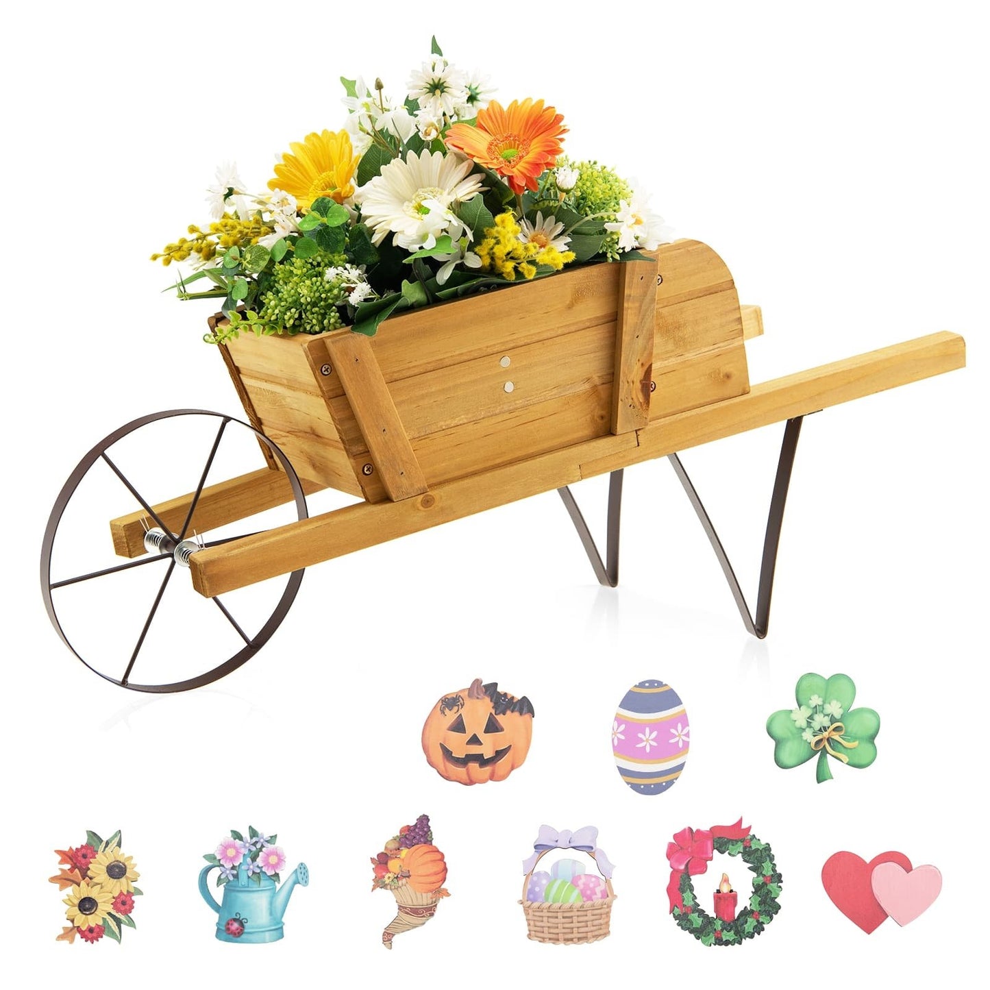 Wooden Wagon Planter with 9 Magnetic Accessories for Garden Yard, Walnut Plant Stands   at Gallery Canada