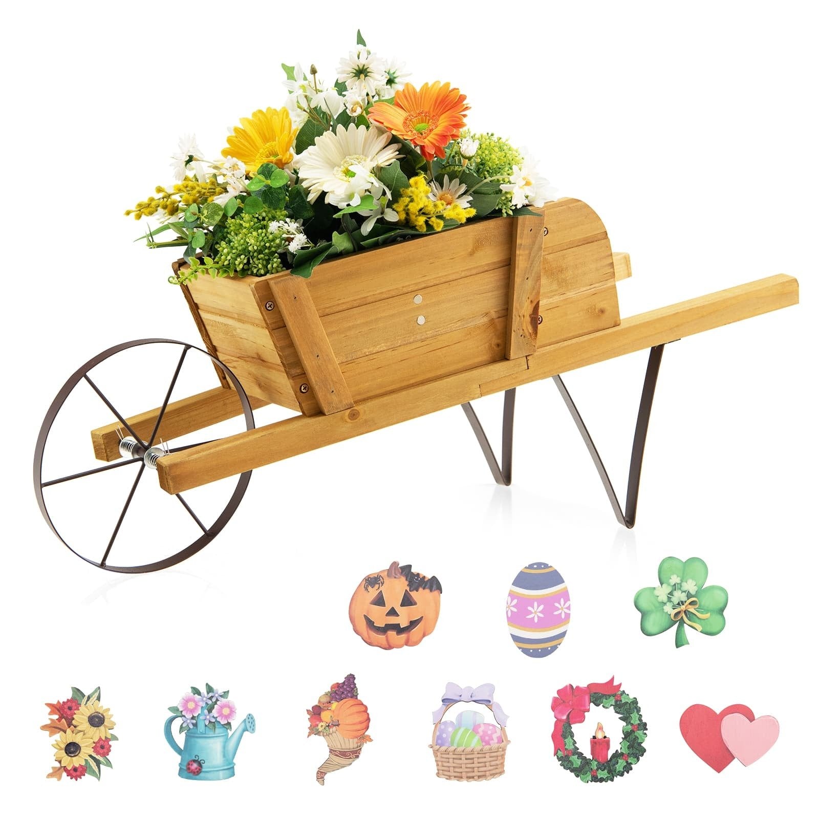 Wooden Wagon Planter with 9 Magnetic Accessories for Garden Yard, Walnut Plant Stands   at Gallery Canada