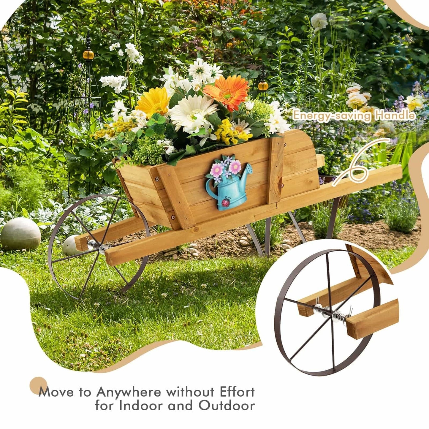 Wooden Wagon Planter with 9 Magnetic Accessories for Garden Yard, Walnut Plant Stands   at Gallery Canada