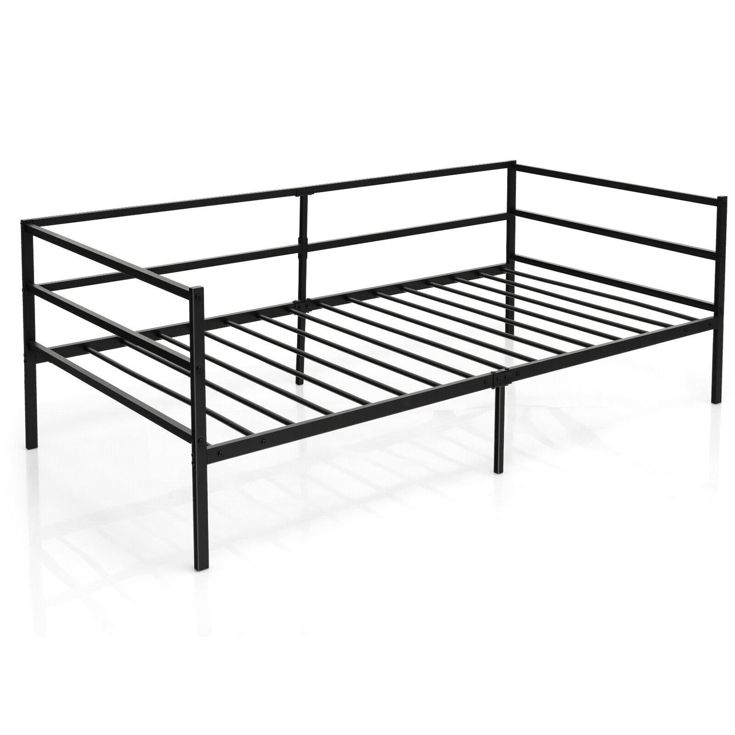 Twin Size Metal Daybed Frame with Metal Slat Support and 3-Sided Guardrails, Black - Gallery Canada