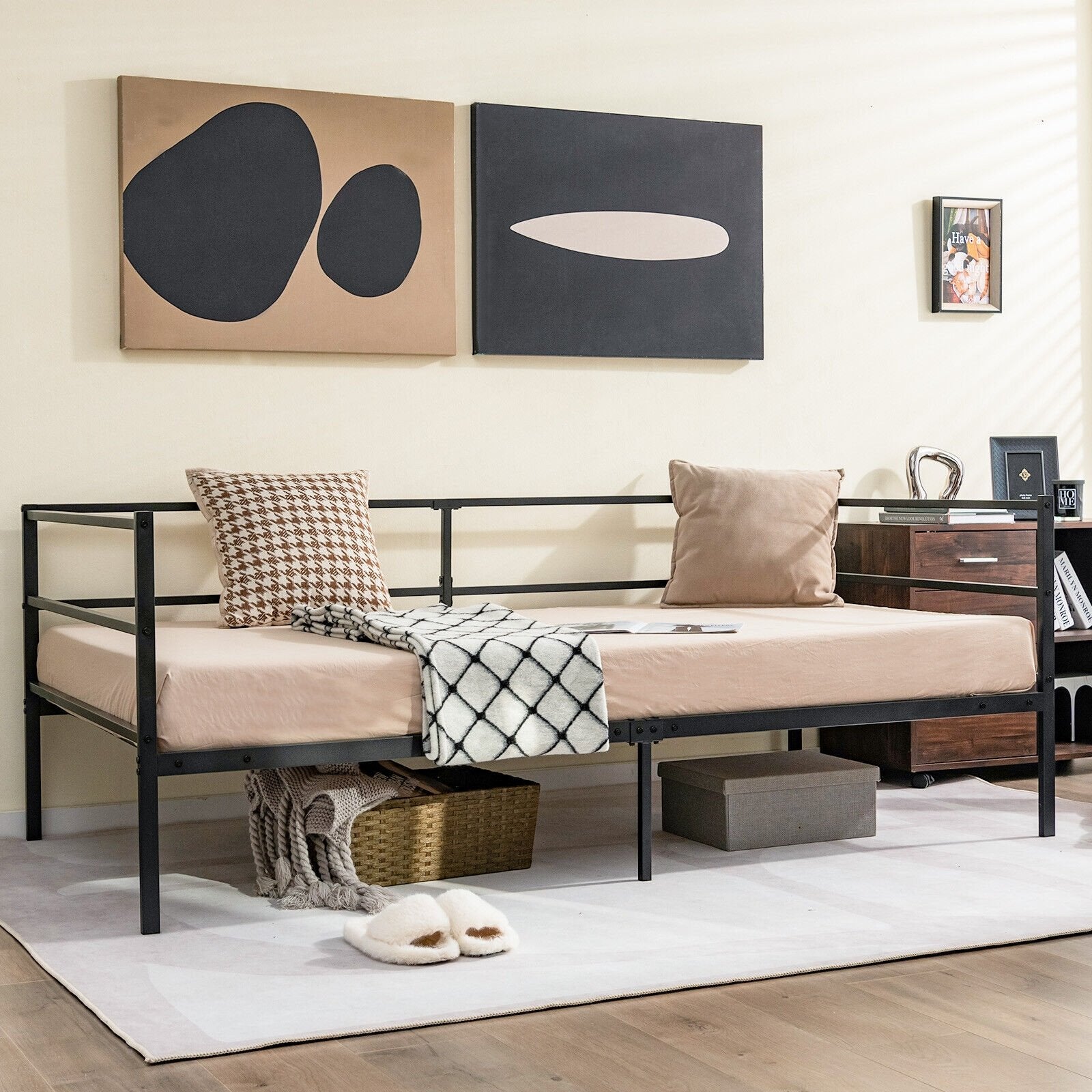 Twin Size Metal Daybed Frame with Metal Slat Support and 3-Sided Guardrails, Black Trundle Bed Frame   at Gallery Canada