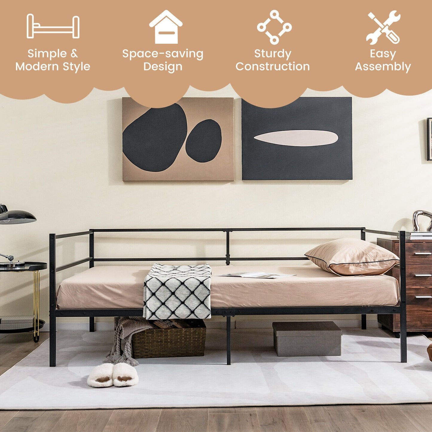 Twin Size Metal Daybed Frame with Metal Slat Support and 3-Sided Guardrails, Black - Gallery Canada