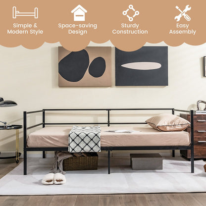 Twin Size Metal Daybed Frame with Metal Slat Support and 3-Sided Guardrails, Black Trundle Bed Frame   at Gallery Canada