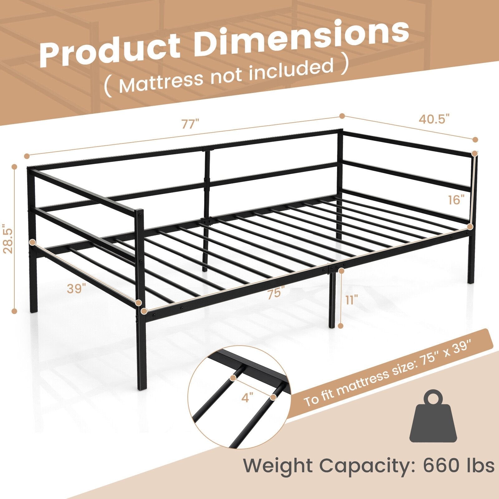 Twin Size Metal Daybed Frame with Metal Slat Support and 3-Sided Guardrails, Black - Gallery Canada