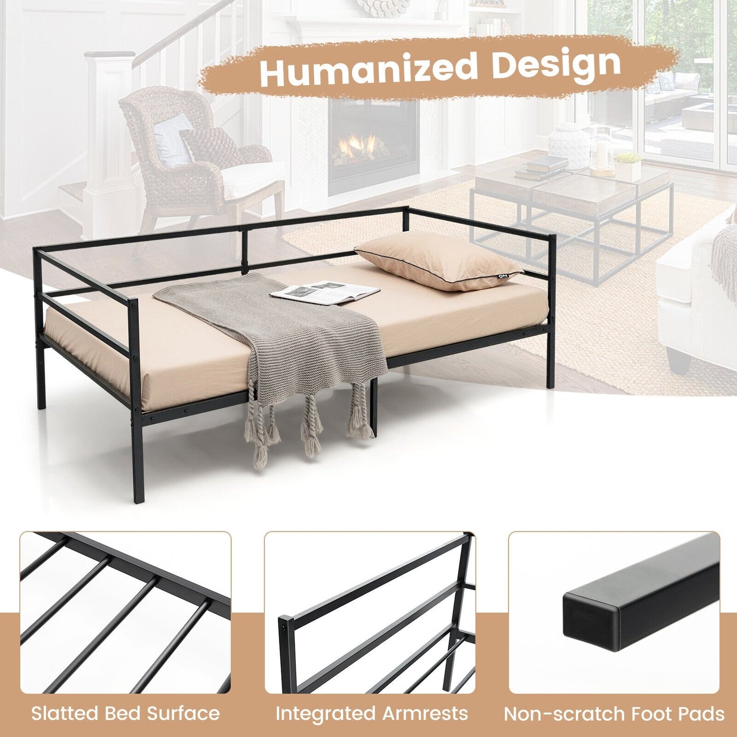 Twin Size Metal Daybed Frame with Metal Slat Support and 3-Sided Guardrails, Black Trundle Bed Frame   at Gallery Canada