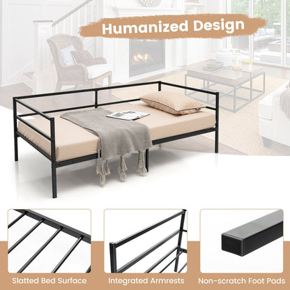 Twin Size Metal Daybed Frame with Metal Slat Support and 3-Sided Guardrails, Black - Gallery Canada