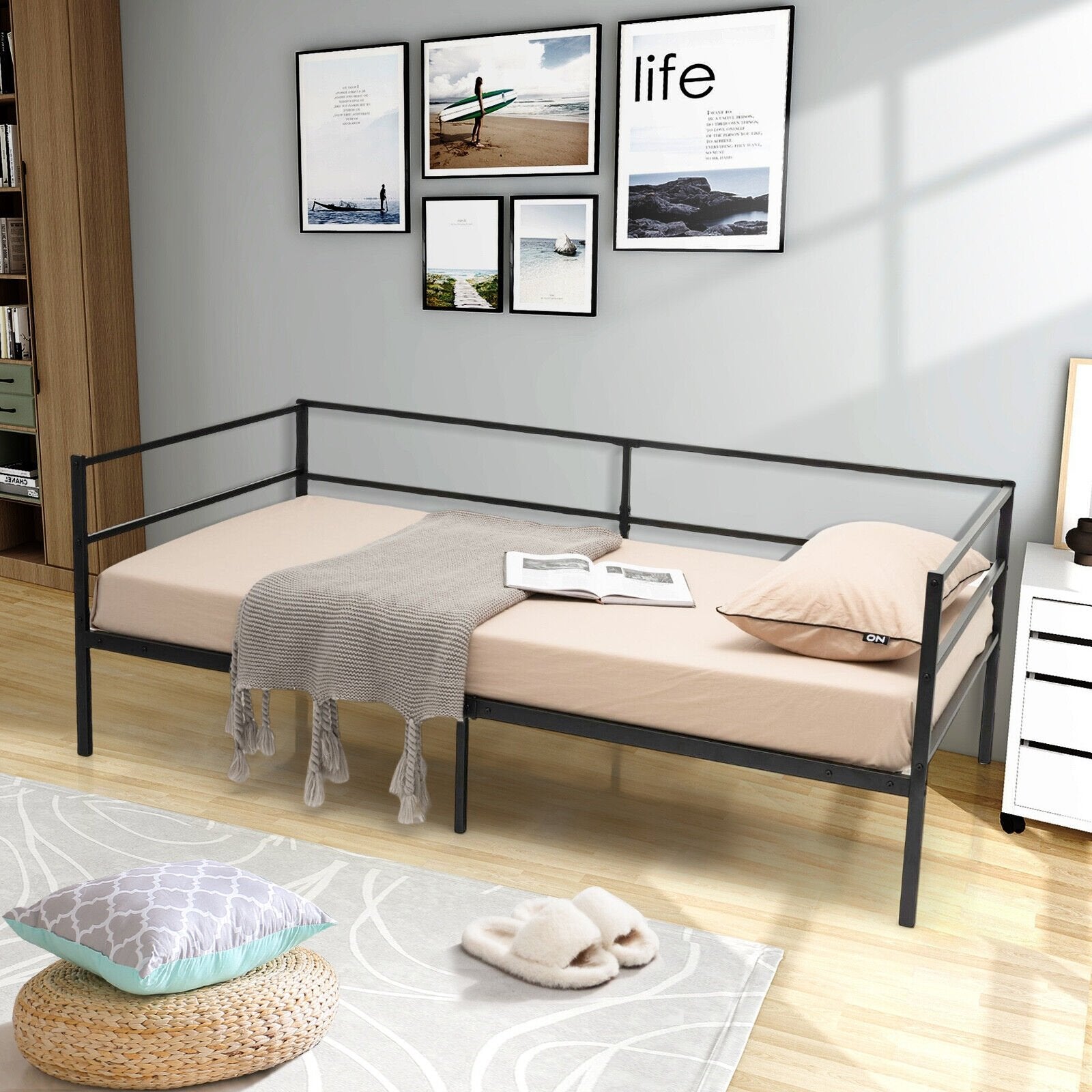 Twin Size Metal Daybed Frame with Metal Slat Support and 3-Sided Guardrails, Black Trundle Bed Frame   at Gallery Canada