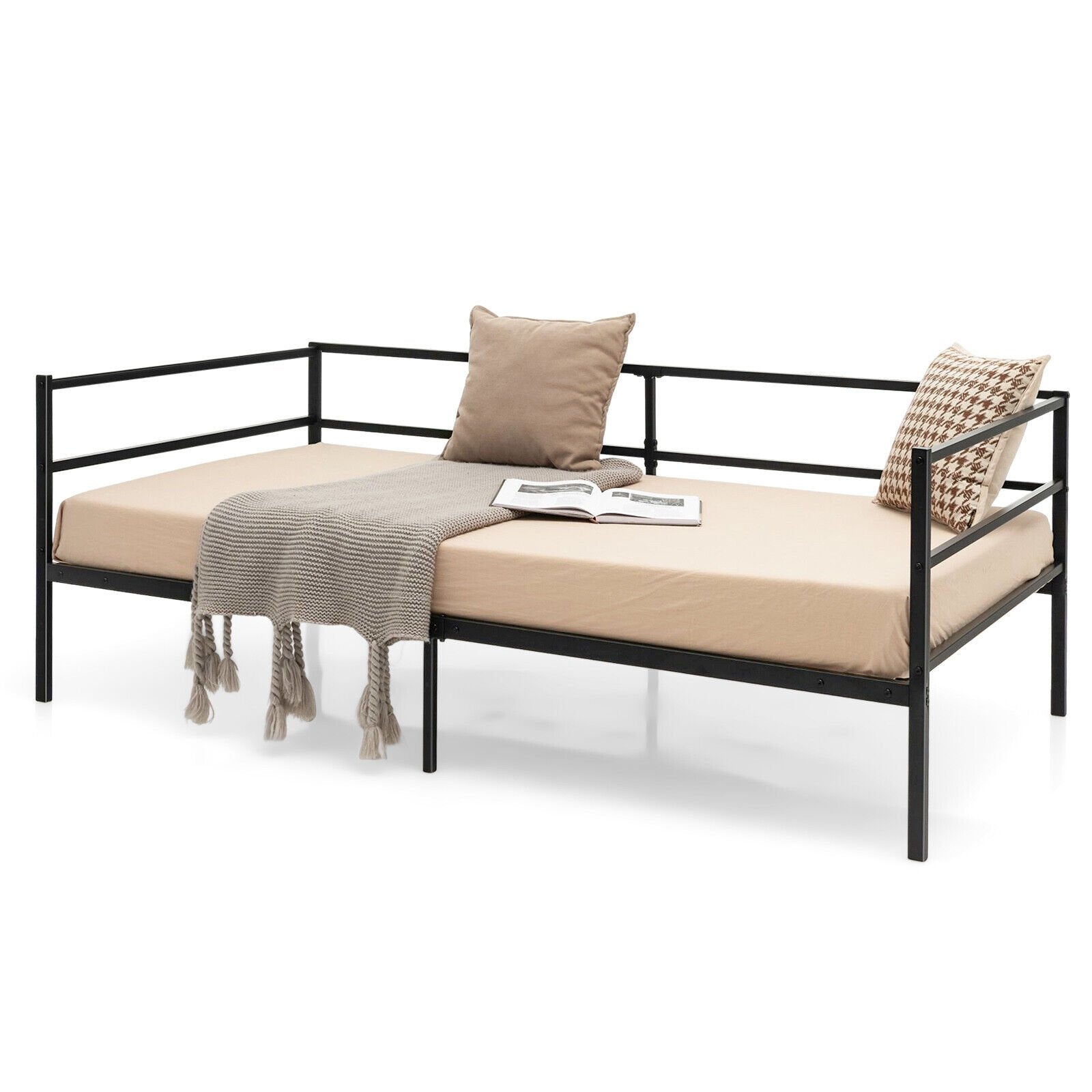 Twin Size Metal Daybed Frame with Metal Slat Support and 3-Sided Guardrails, Black - Gallery Canada
