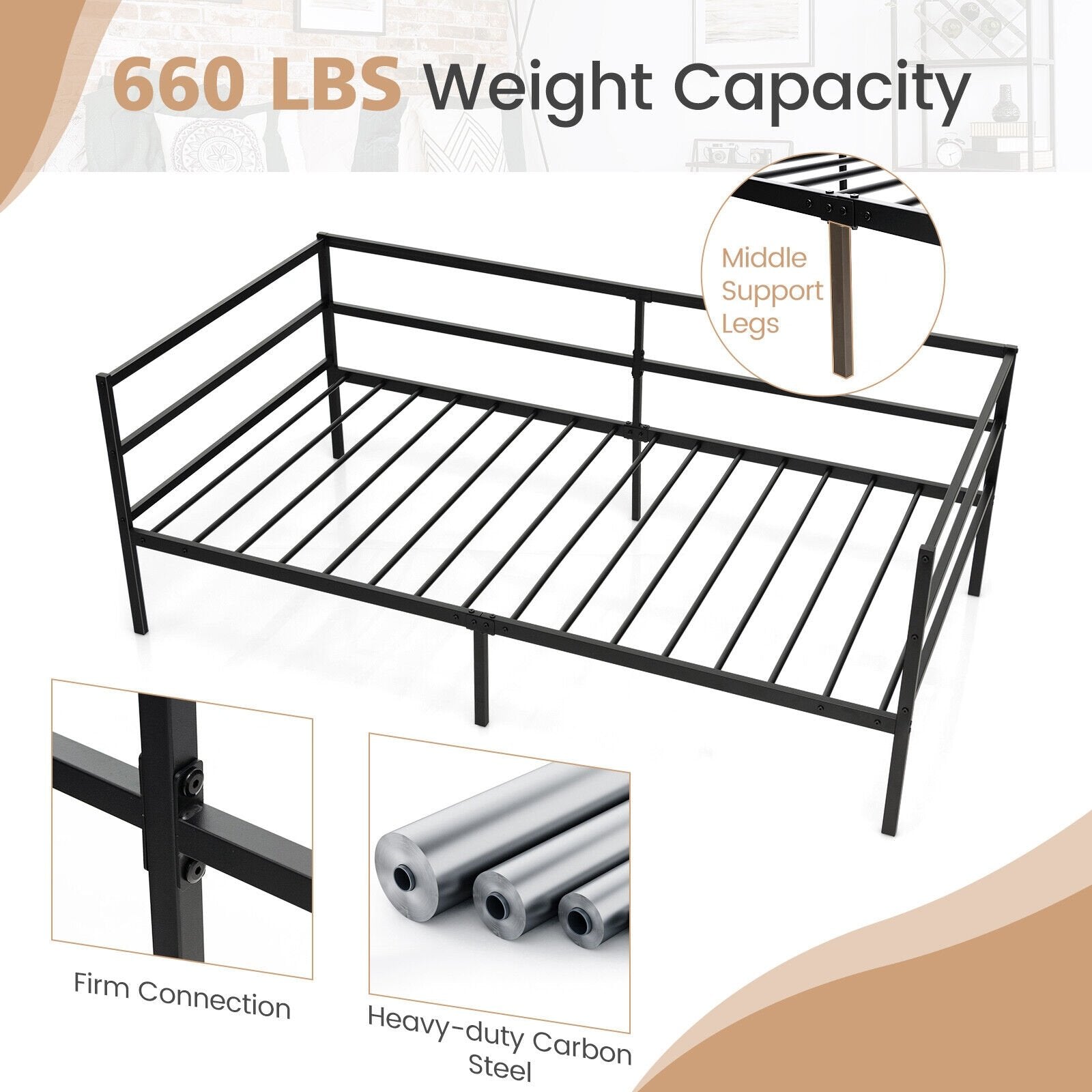 Twin Size Metal Daybed Frame with Metal Slat Support and 3-Sided Guardrails, Black Trundle Bed Frame   at Gallery Canada