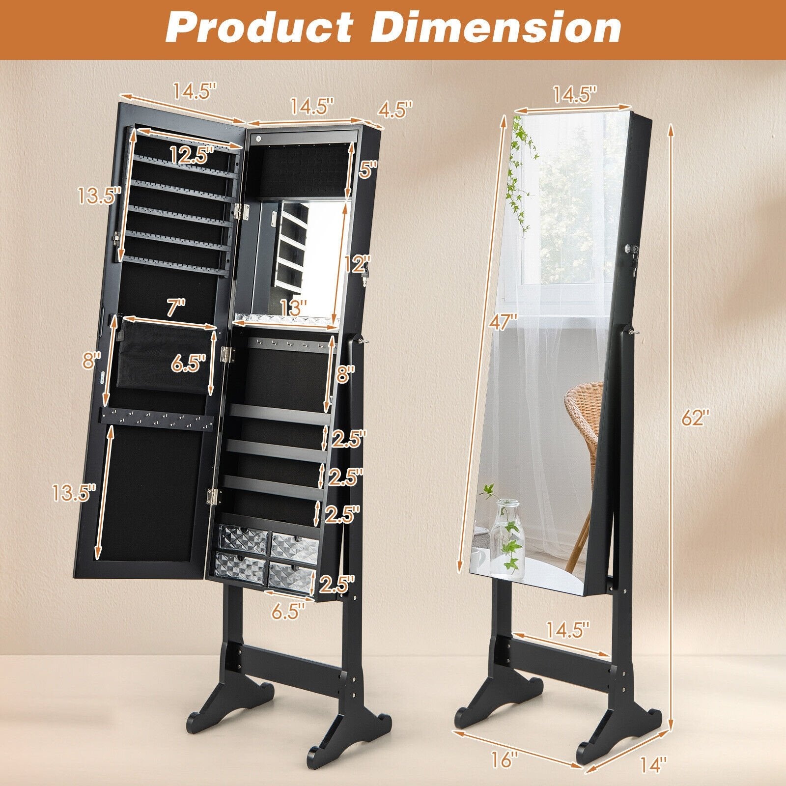 Free Standing Full Length Jewelry Armoire with Lights, Black Jewelry Armoires   at Gallery Canada