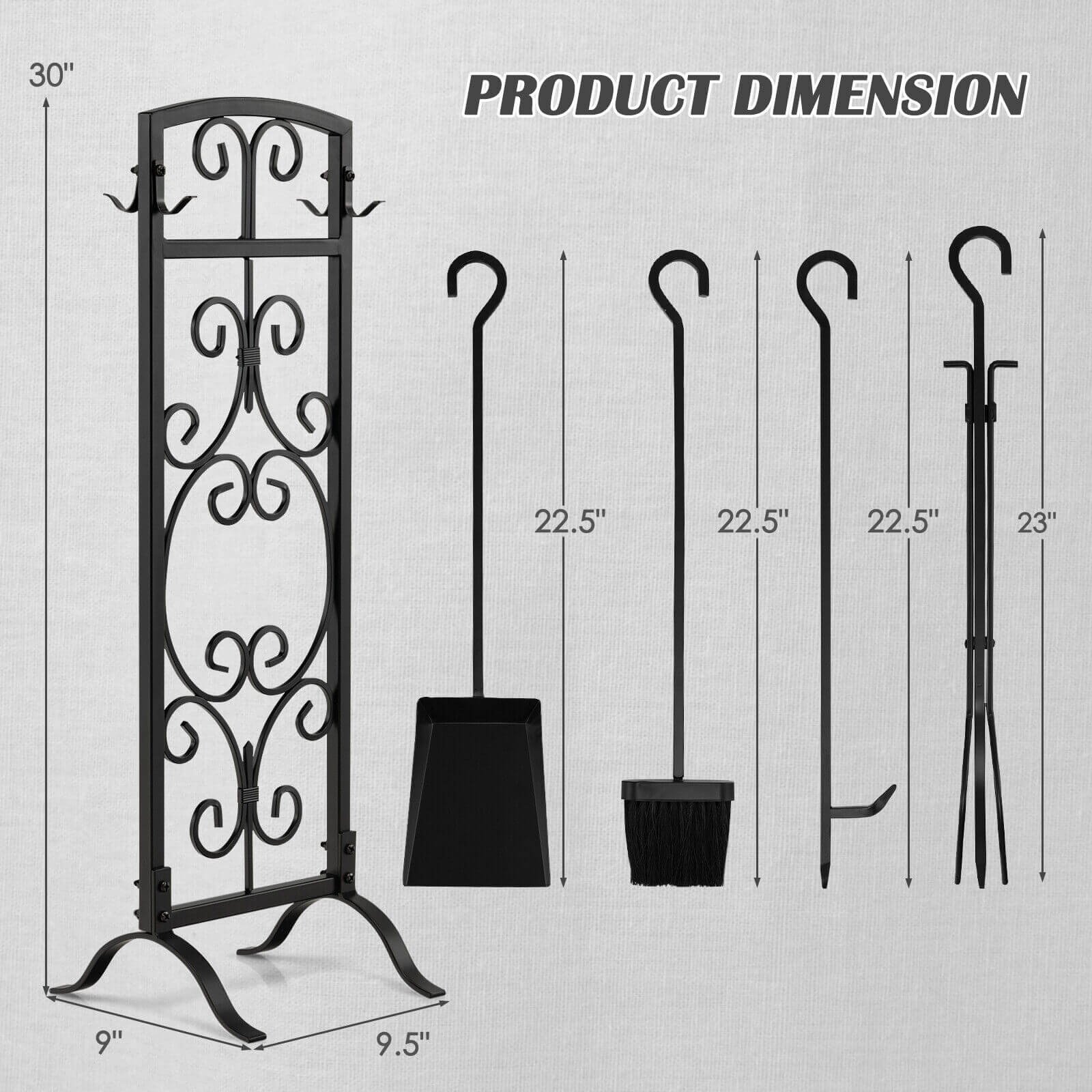 5 Piece Wrought Iron Fireplace Tools with Decor Holder, Black Fireplace Tools   at Gallery Canada