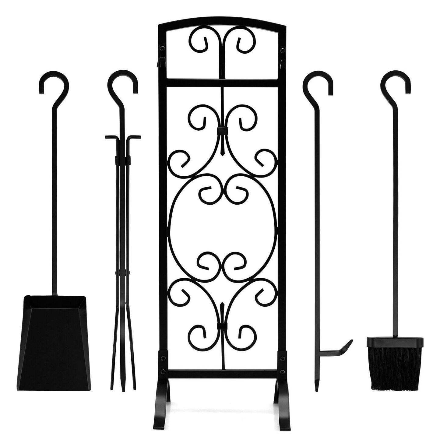 5 Piece Wrought Iron Fireplace Tools with Decor Holder, Black Fireplace Tools   at Gallery Canada