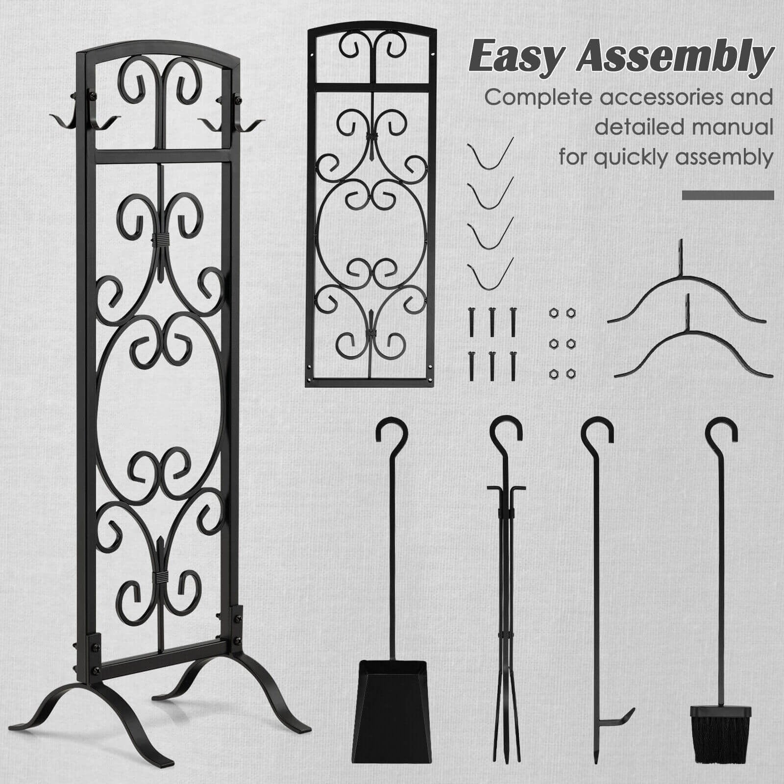 5 Piece Wrought Iron Fireplace Tools with Decor Holder, Black Fireplace Tools   at Gallery Canada