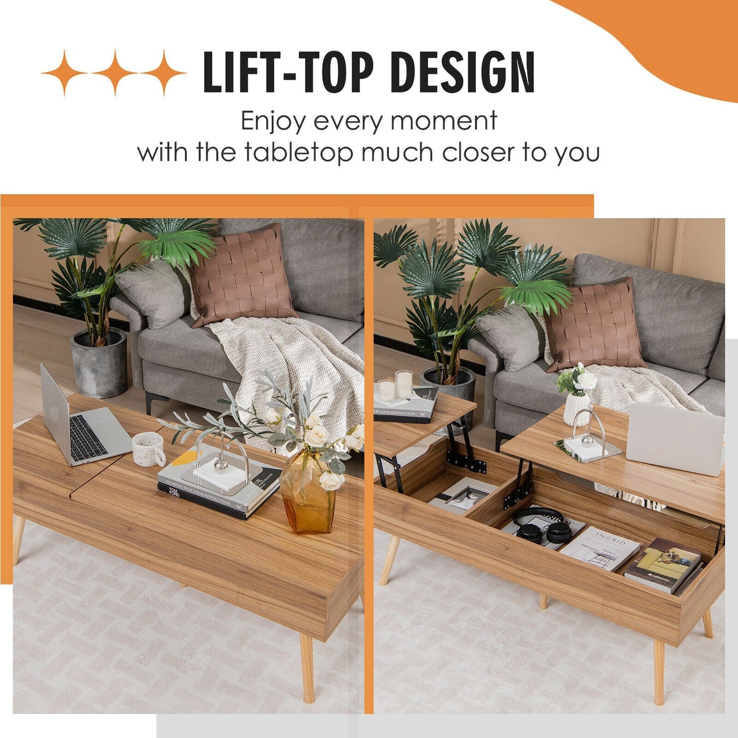 47 Inch Lift Top Coffee Table with 2 Hidden Compartments, Brown - Gallery Canada