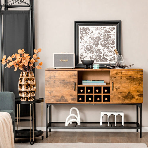 Industrial Kitchen Buffet Sideboard with Wine Rack and 2 Doors, Rustic Brown