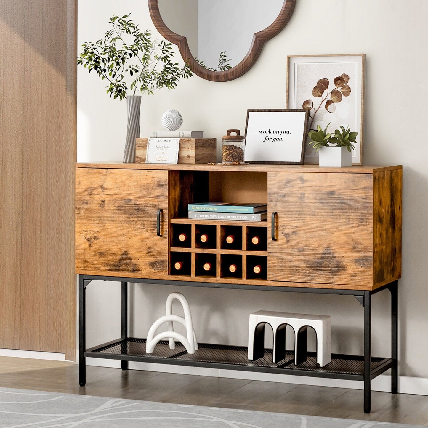 Industrial Kitchen Buffet Sideboard with Wine Rack and 2 Doors, Rustic Brown Sideboards Cabinets & Buffets   at Gallery Canada