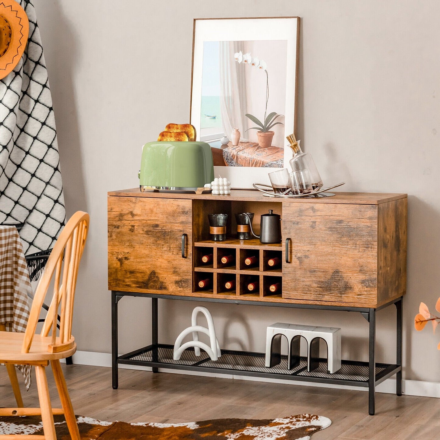 Industrial Kitchen Buffet Sideboard with Wine Rack and 2 Doors, Rustic Brown Sideboards Cabinets & Buffets   at Gallery Canada