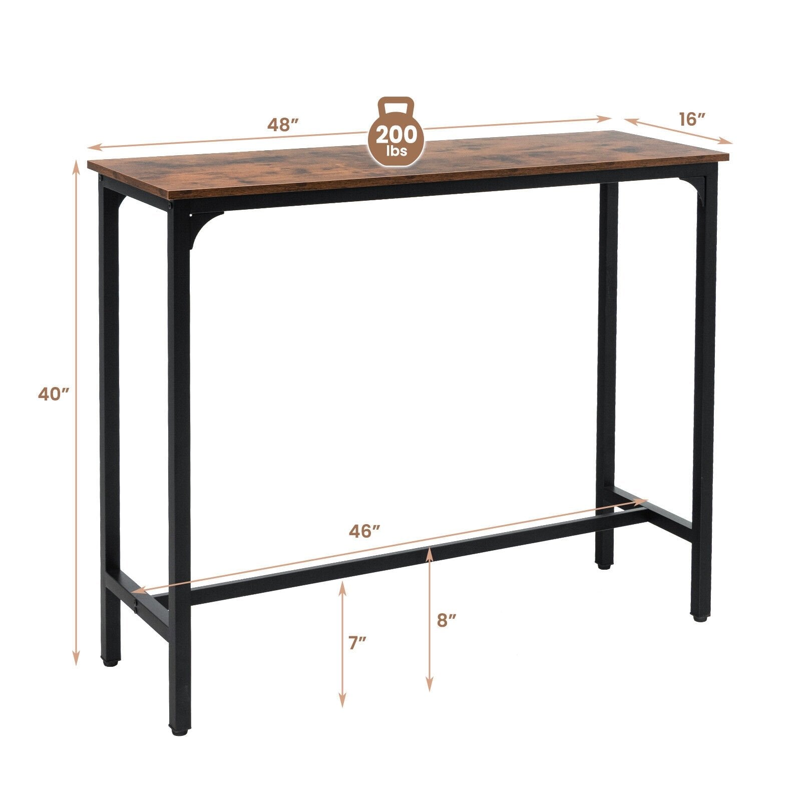 48 Inch Industrial Pub Dining Table with Steel Frame, Rustic Brown - Gallery Canada