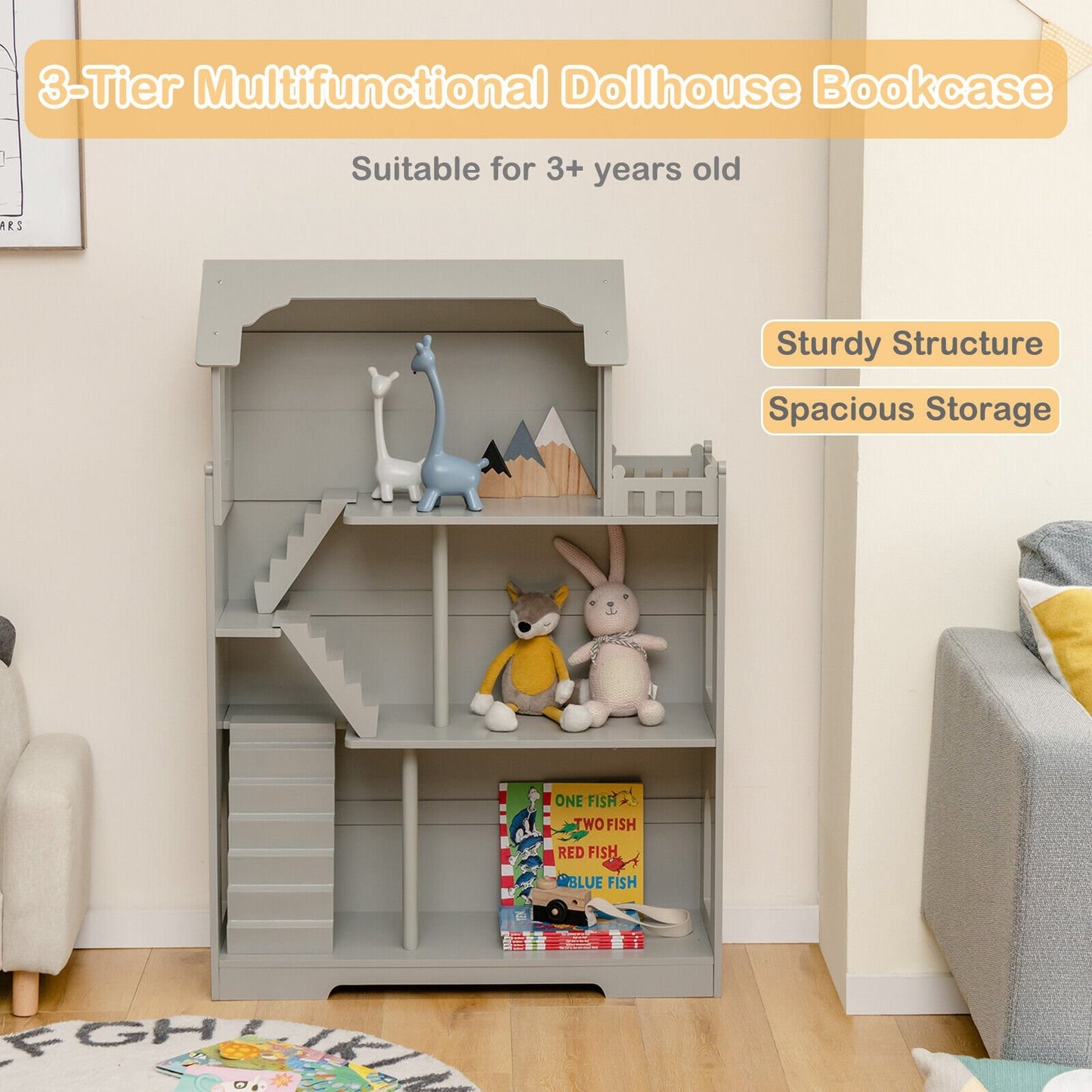 Kids Wooden Dollhouse Bookshelf with Anti-Tip Design and Storage Space, Gray Play Tents & Playhouse   at Gallery Canada