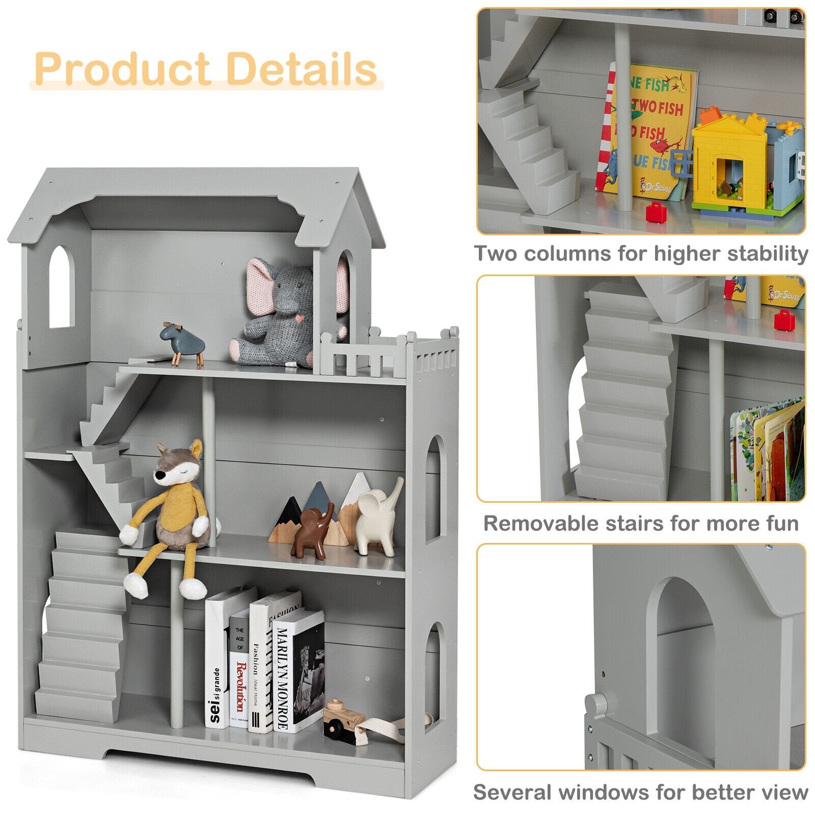 Kids Wooden Dollhouse Bookshelf with Anti-Tip Design and Storage Space, Gray Play Tents & Playhouse   at Gallery Canada