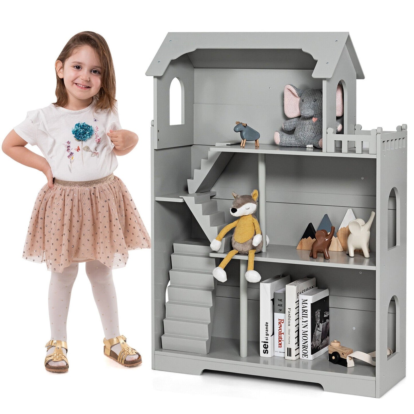 Kids Wooden Dollhouse Bookshelf with Anti-Tip Design and Storage Space, Gray Play Tents & Playhouse   at Gallery Canada