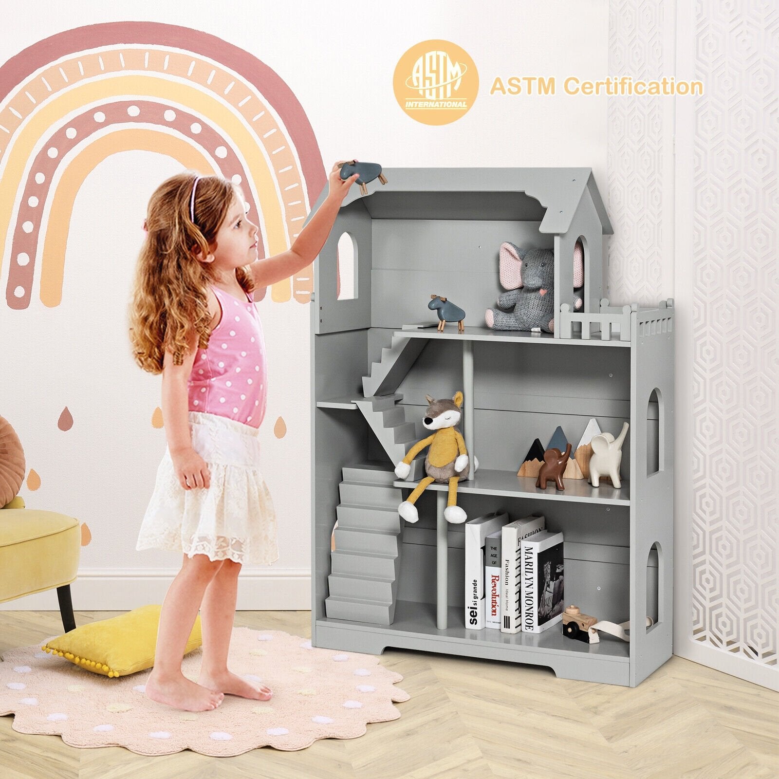 Kids Wooden Dollhouse Bookshelf with Anti-Tip Design and Storage Space, Gray Play Tents & Playhouse   at Gallery Canada