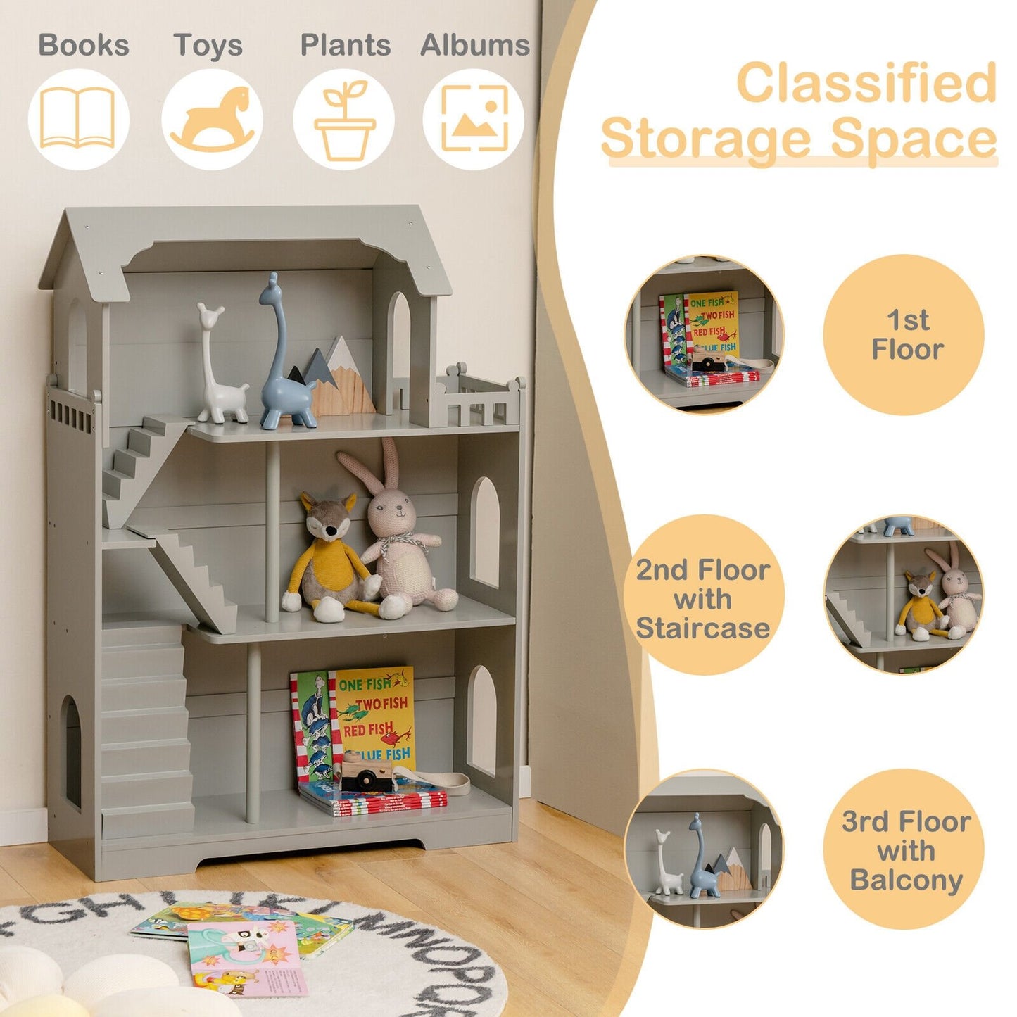 Kids Wooden Dollhouse Bookshelf with Anti-Tip Design and Storage Space, Gray - Gallery Canada