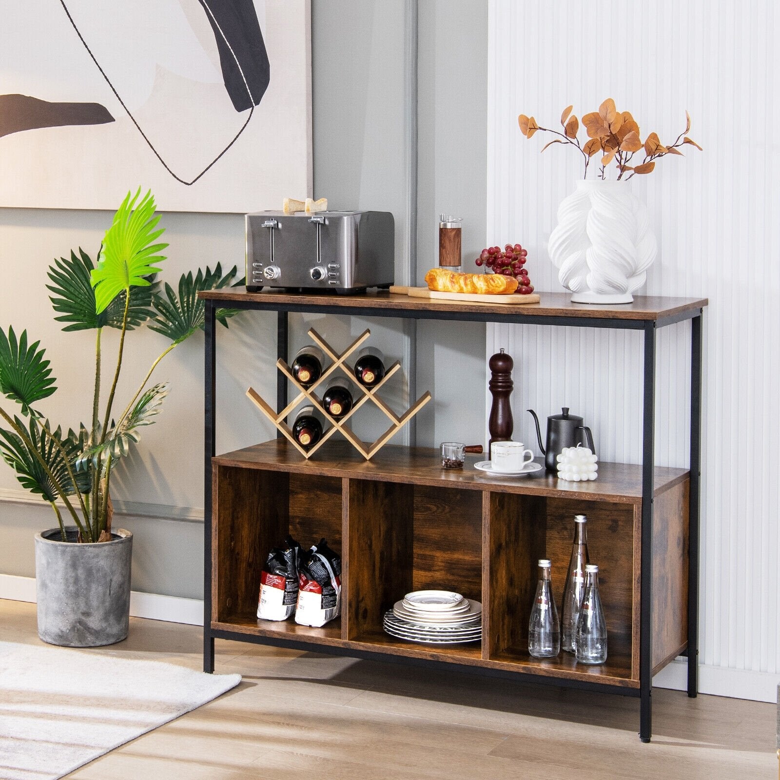 Modern Kitchen Buffet Sideboard with 3 Compartments, Rustic Brown Sideboards Cabinets & Buffets   at Gallery Canada