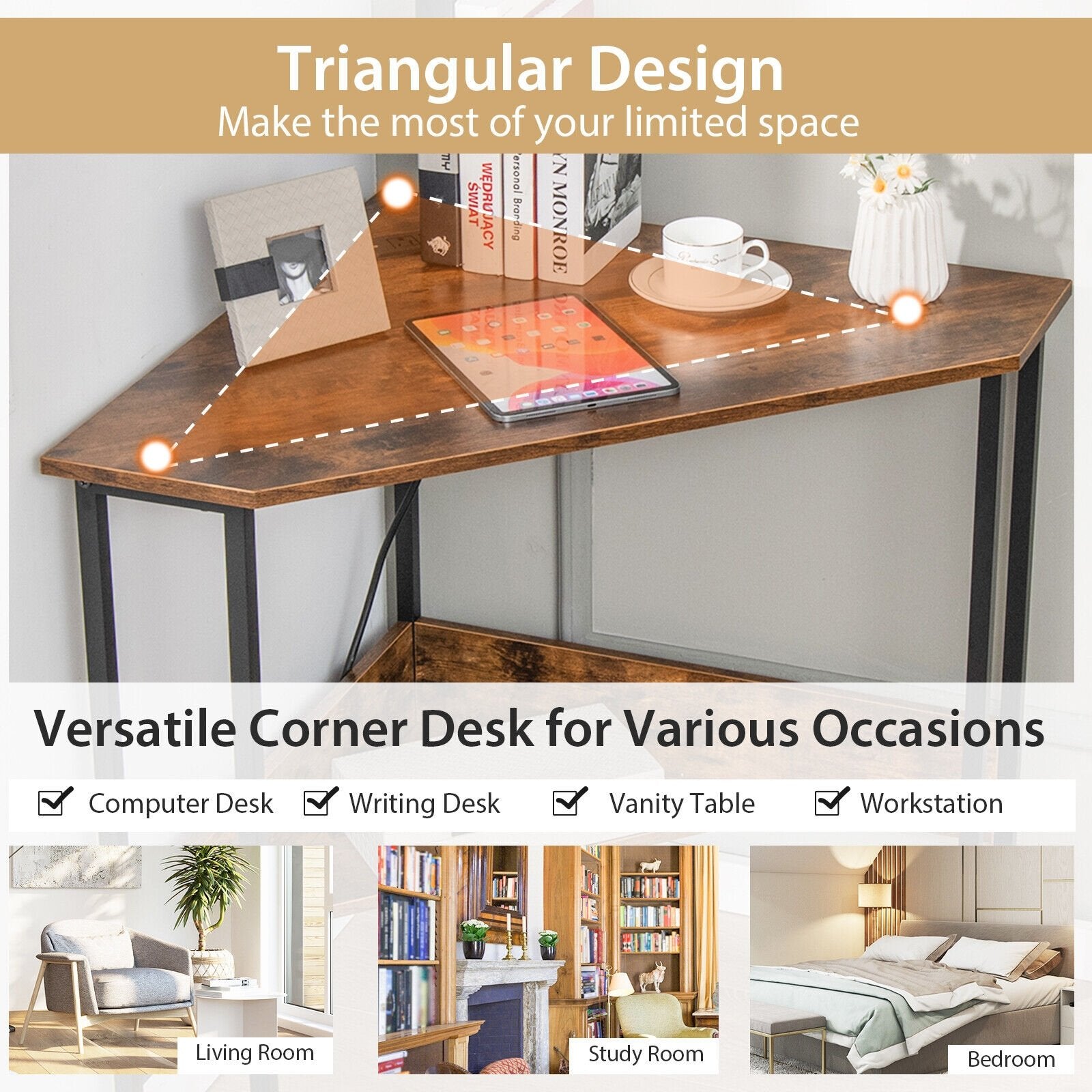 Triangle Computer Corner Desk with Charging Station, Rustic Brown - Gallery Canada