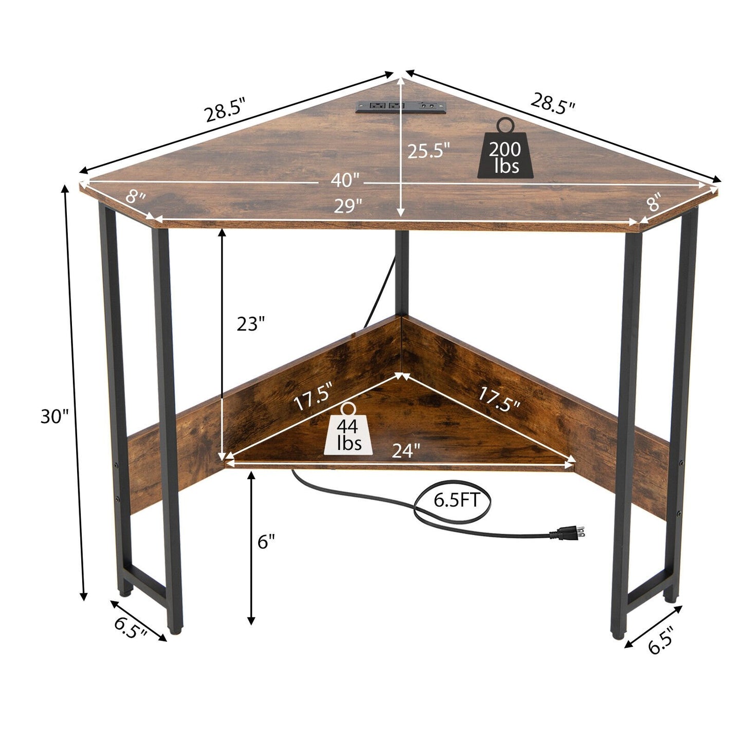 Triangle Computer Corner Desk with Charging Station, Rustic Brown - Gallery Canada