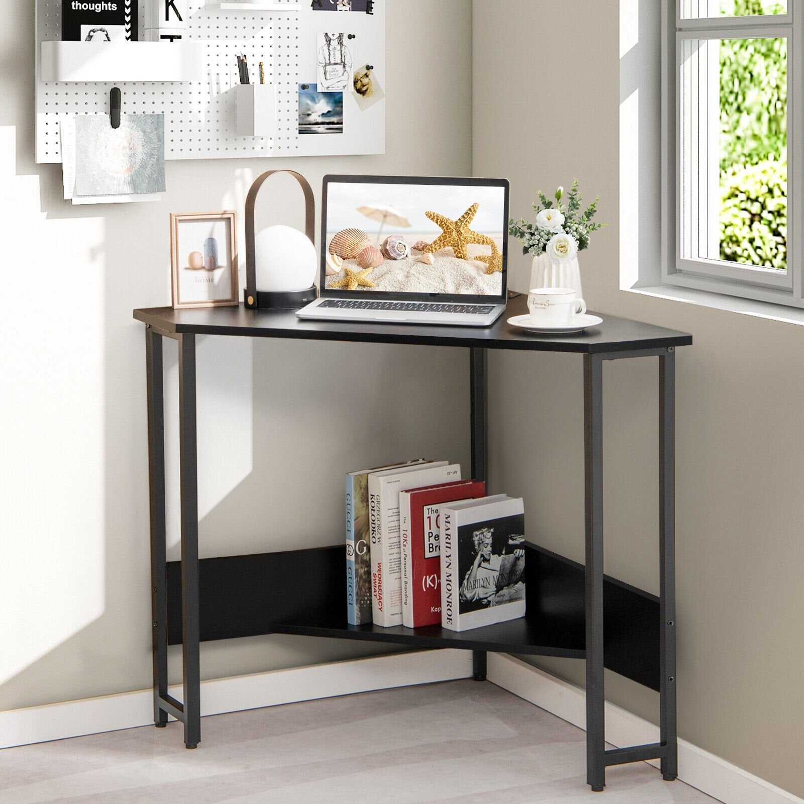 Triangle Computer Corner Desk with Charging Station, Black Corner Desks   at Gallery Canada