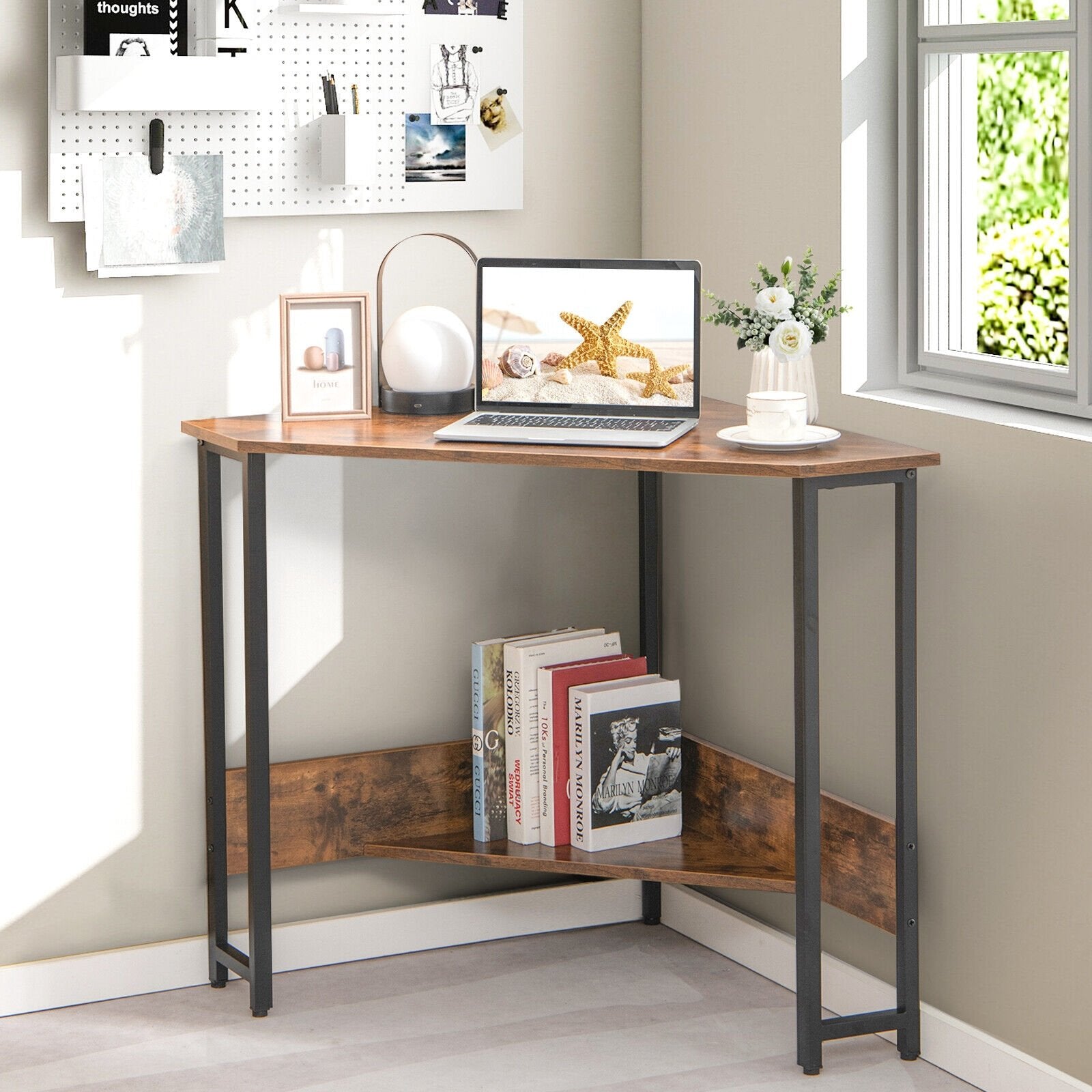 Triangle Computer Corner Desk with Charging Station, Rustic Brown Corner Desks   at Gallery Canada